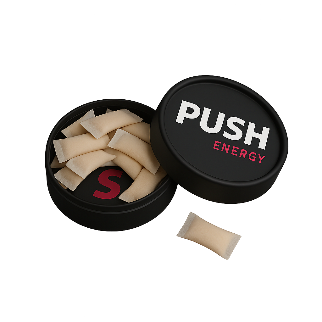 PUSH ENERGY product container with pouches