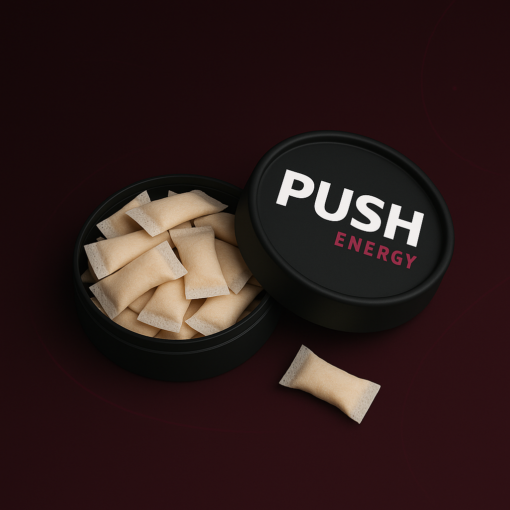 PUSH ENERGY pouches in container